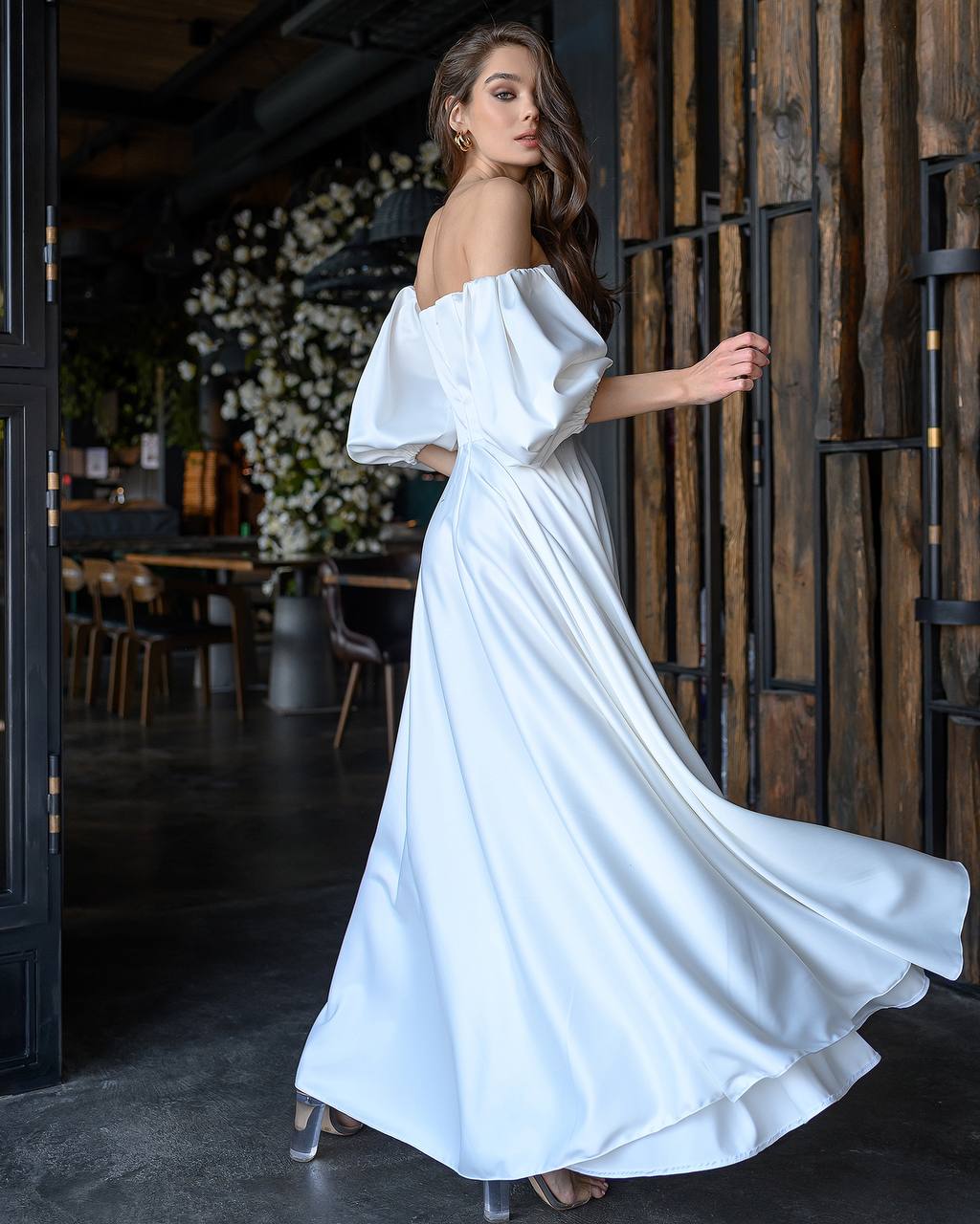 Bridal Satin Puff-Sleeve Maxi Dress