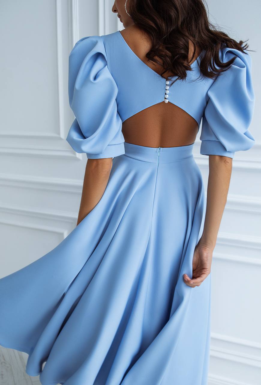 Backless Puff-Sleeve Midi Dress