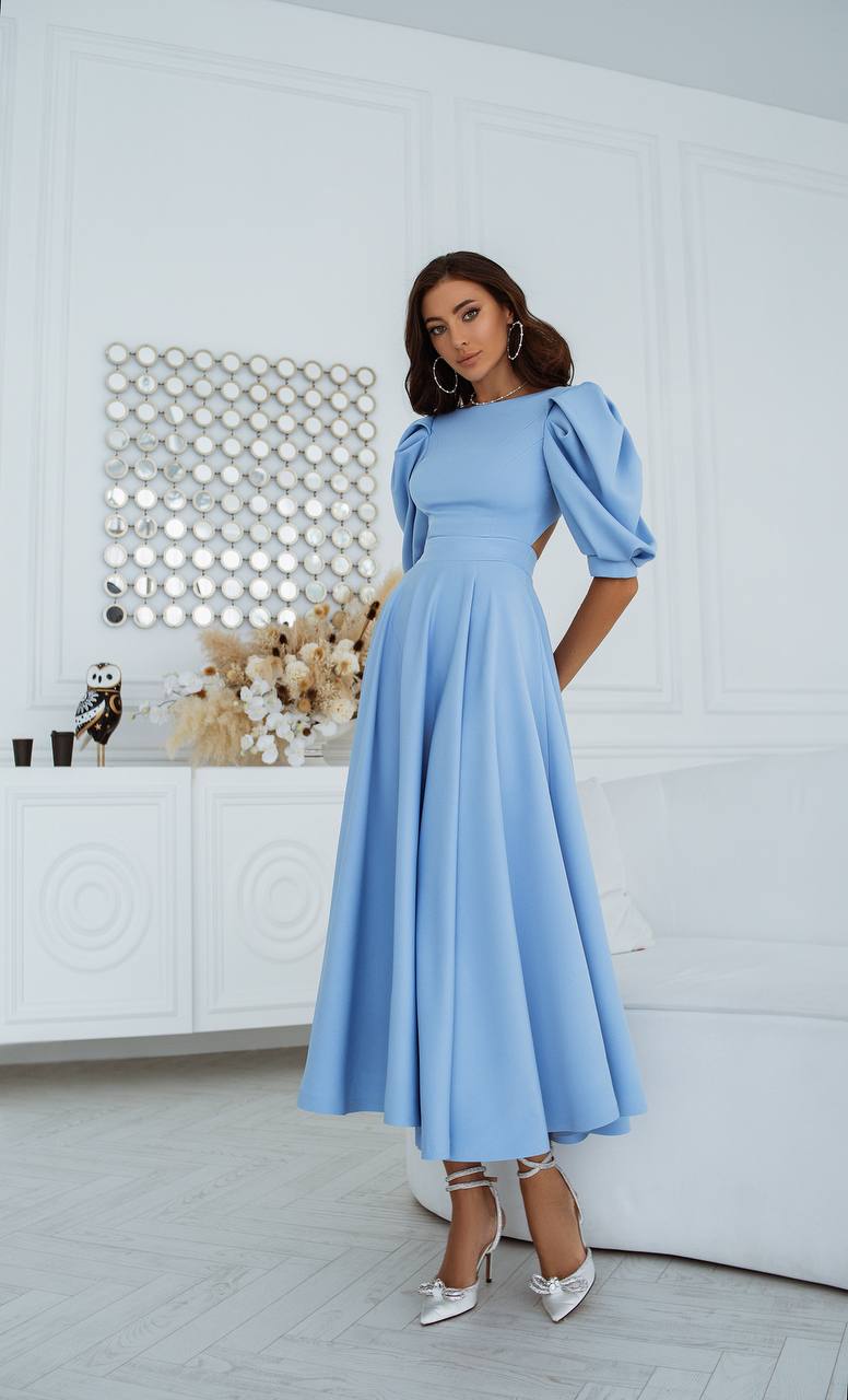 Backless Puff-Sleeve Midi Dress