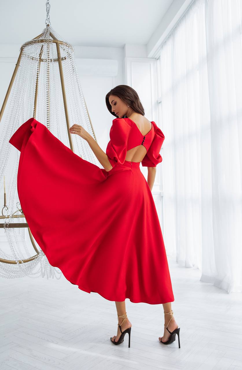 Backless Puff-Sleeve Midi Dress