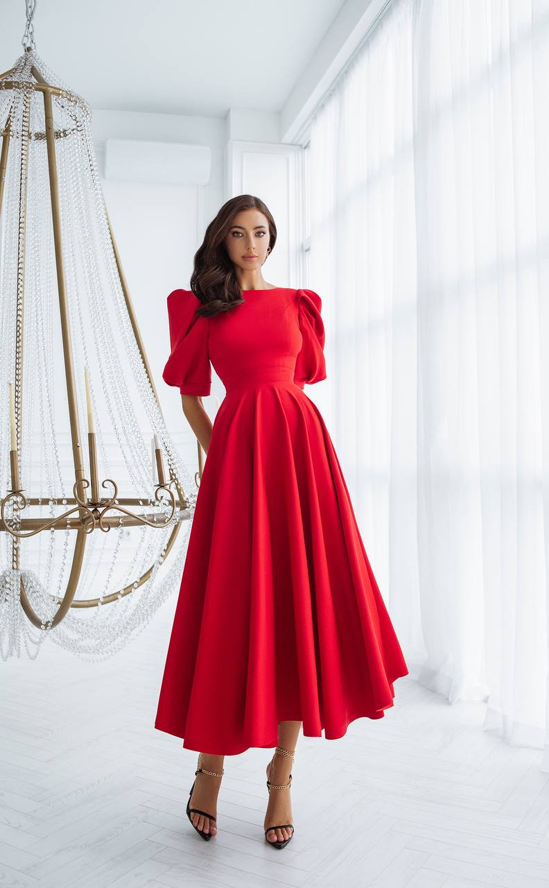 Backless Puff-Sleeve Midi Dress