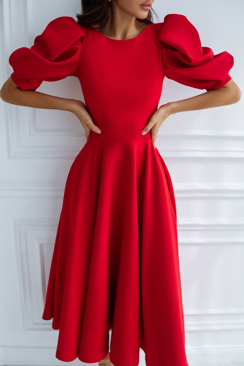 Backless Puff-Sleeve Midi Dress