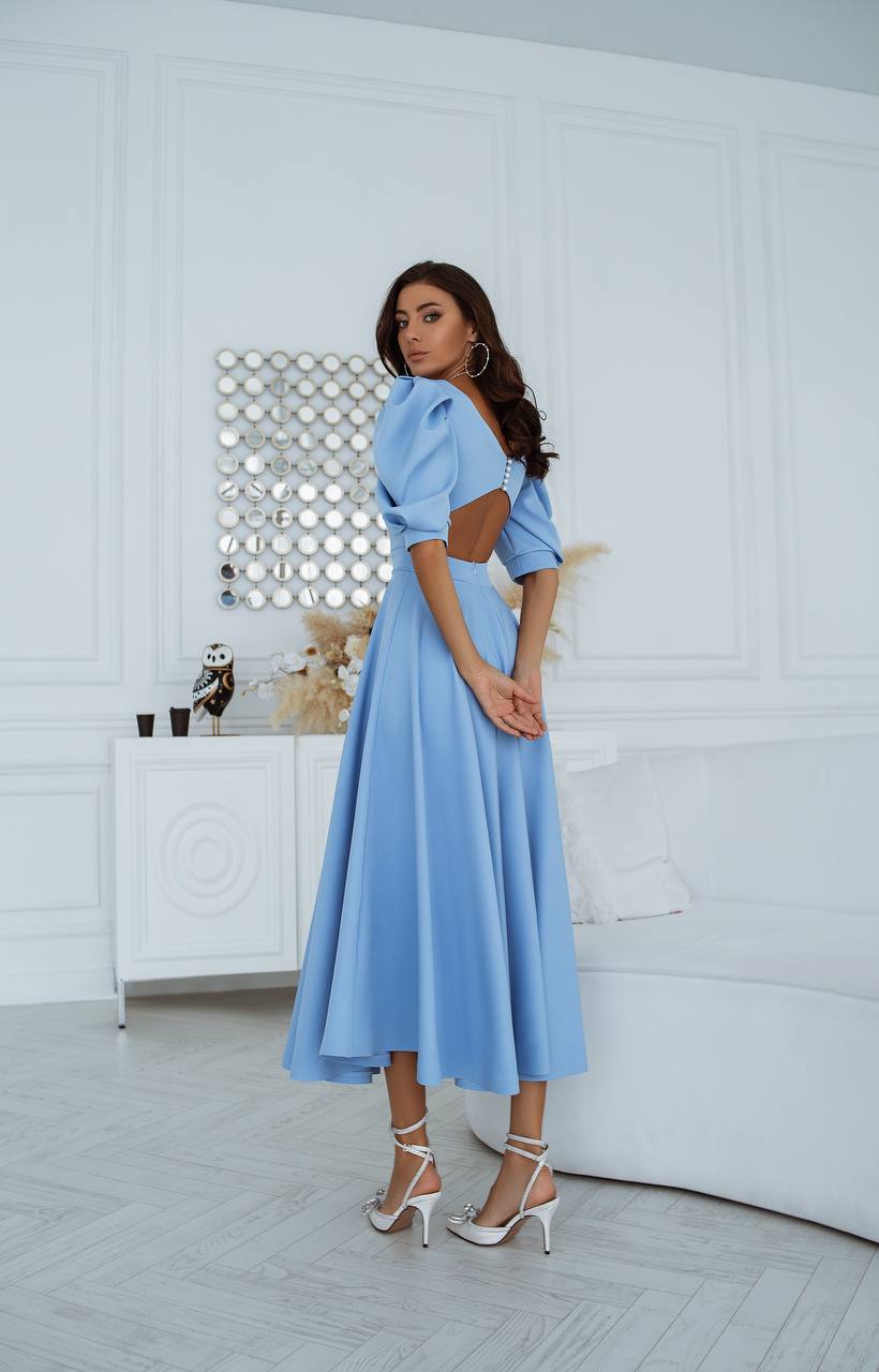 Backless Puff-Sleeve Midi Dress