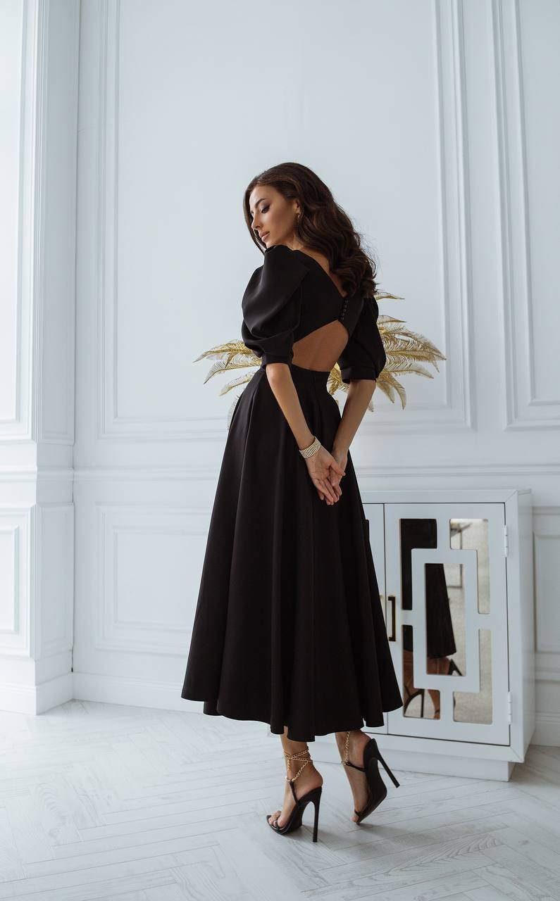 Backless Puff-Sleeve Midi Dress
