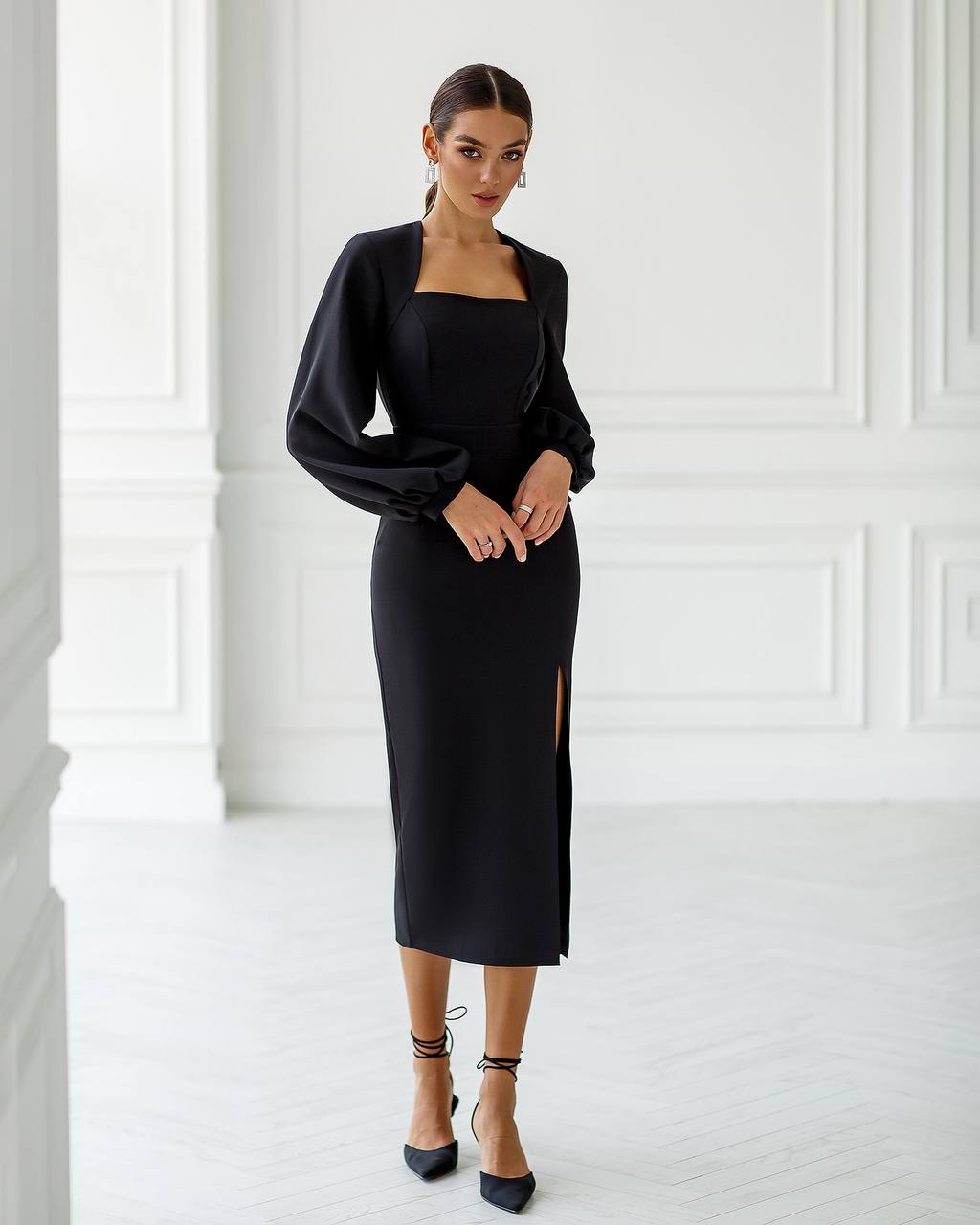 Square Neck Puff-Sleeve Midi Dress