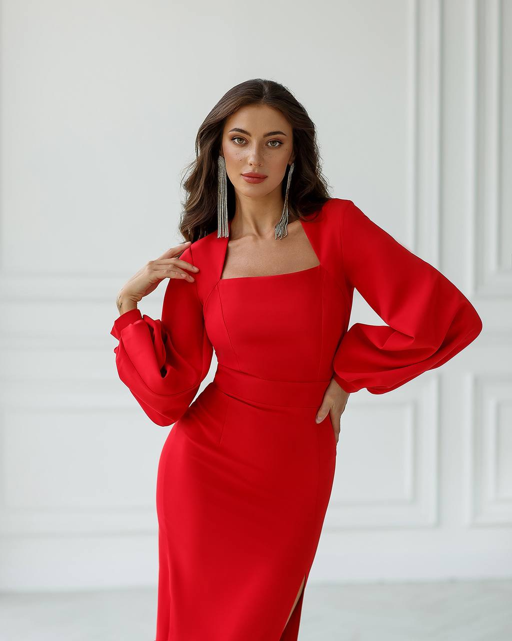 Square Neck Puff-Sleeve Midi Dress