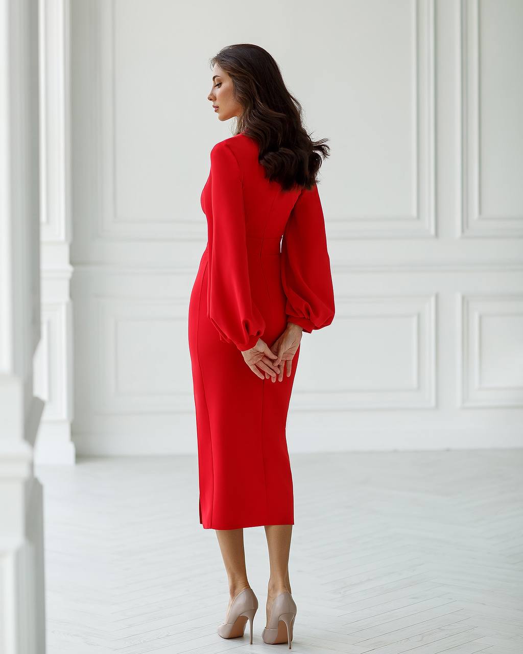 Square Neck Puff-Sleeve Midi Dress