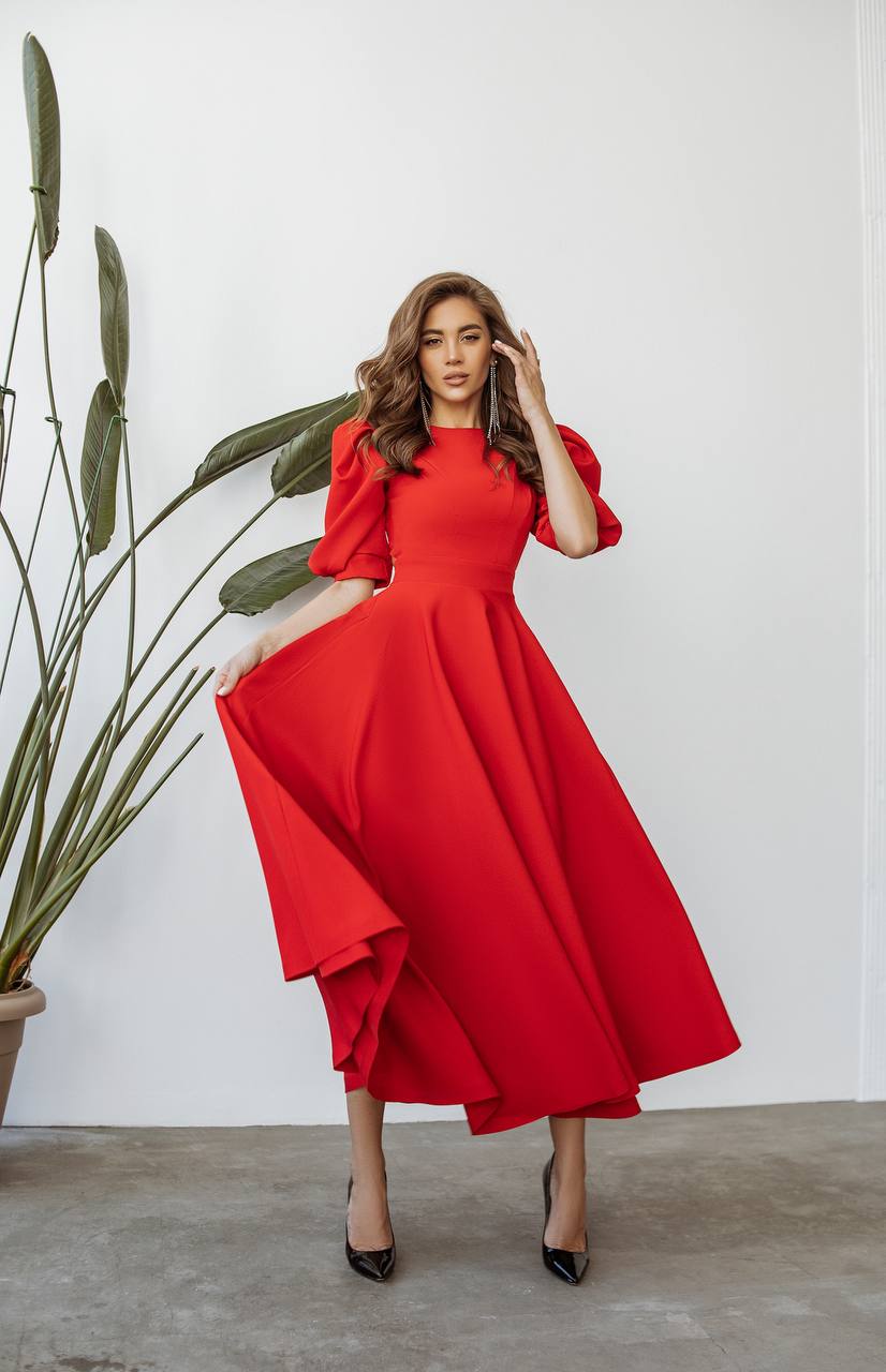 Backless Puff-Sleeve Midi Dress
