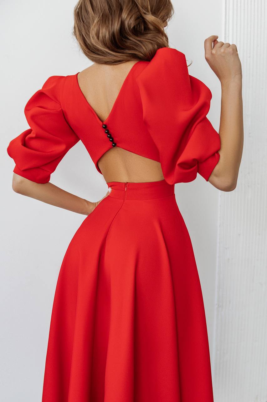 Backless Puff-Sleeve Midi Dress