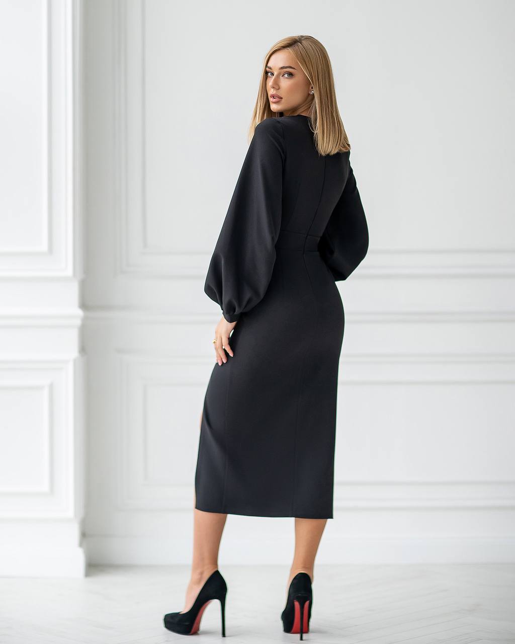 Square Neck Puff-Sleeve Midi Dress