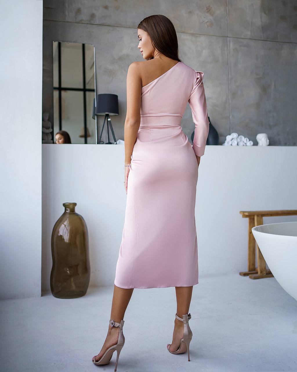 One-Shoulder Satin Midi Dress