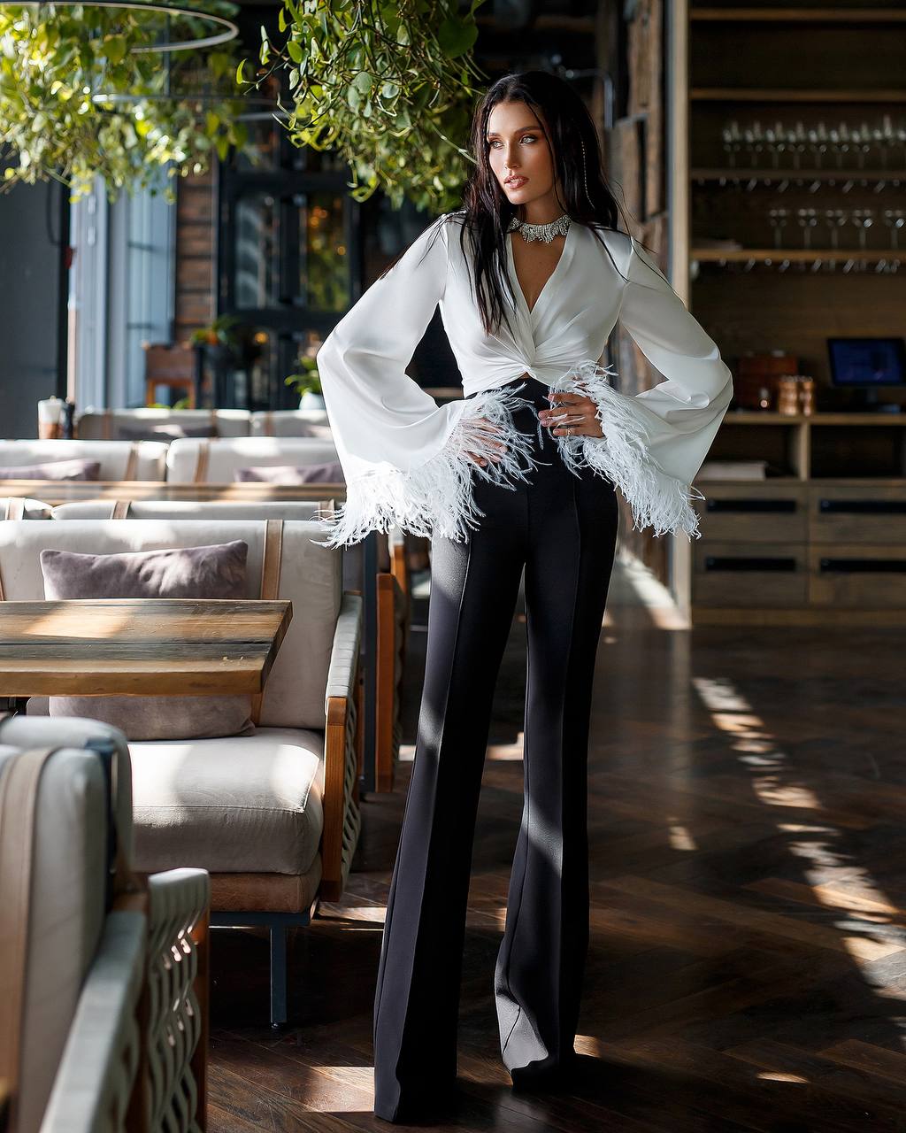 Silk Feather Sleeve Blouse