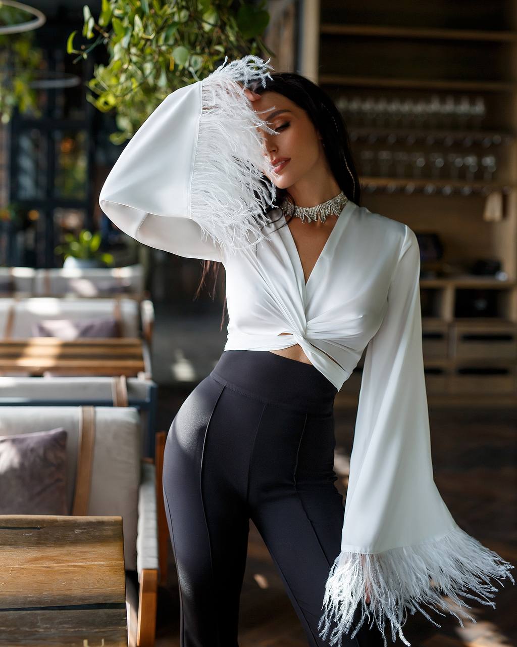 Silk Feather Sleeve Blouse