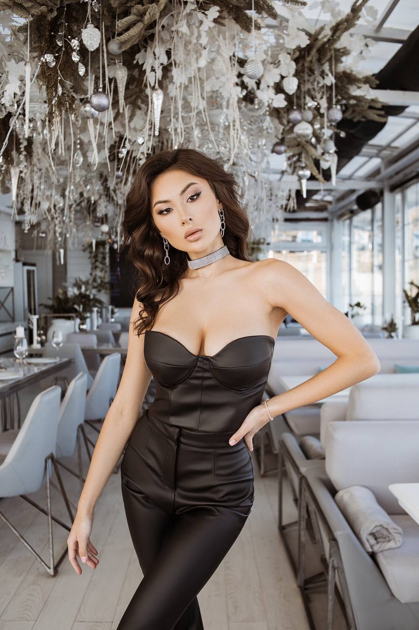 Eco Leather Suit Flared Trousers High Waist and Strapless Crop Top