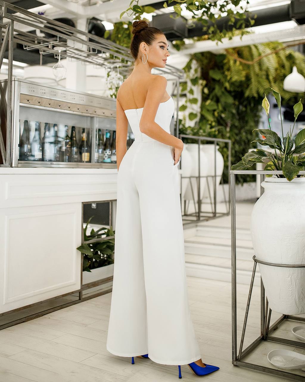 Strapless Corset V-Neck and Leg Slits Bridal Jumpsuit