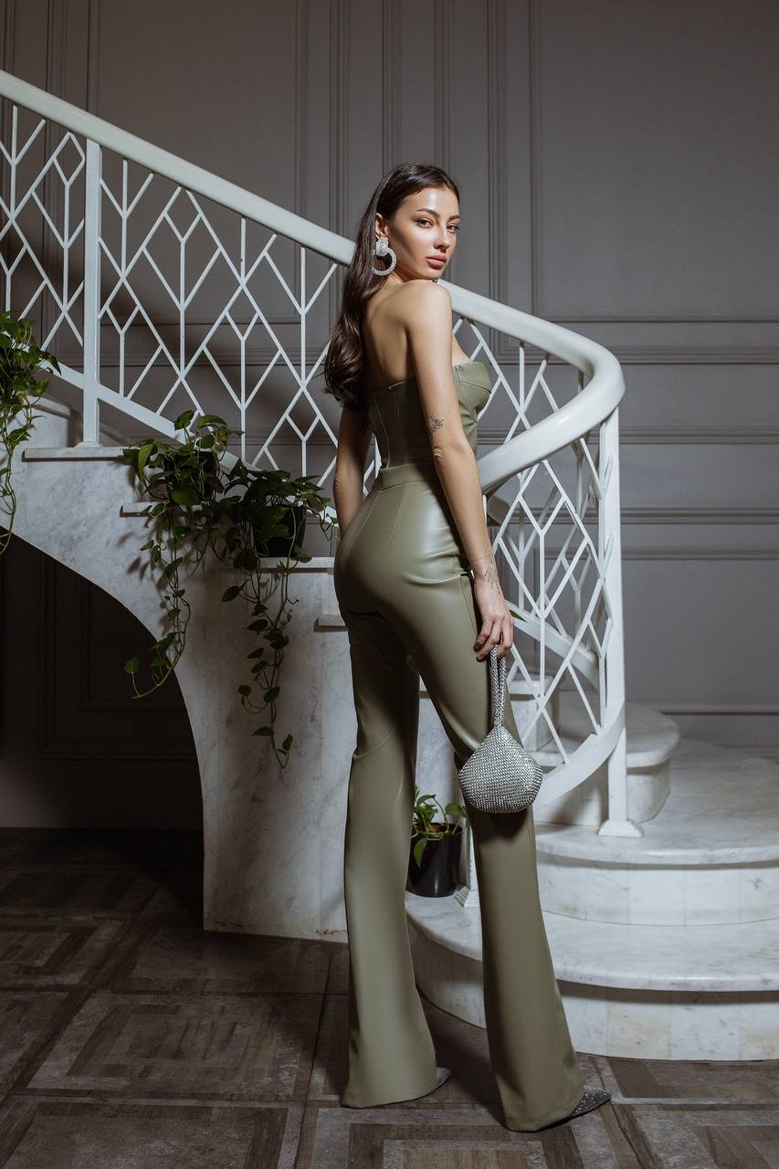 Eco Leather Suit Flared Trousers High Waist and Strapless Crop Top