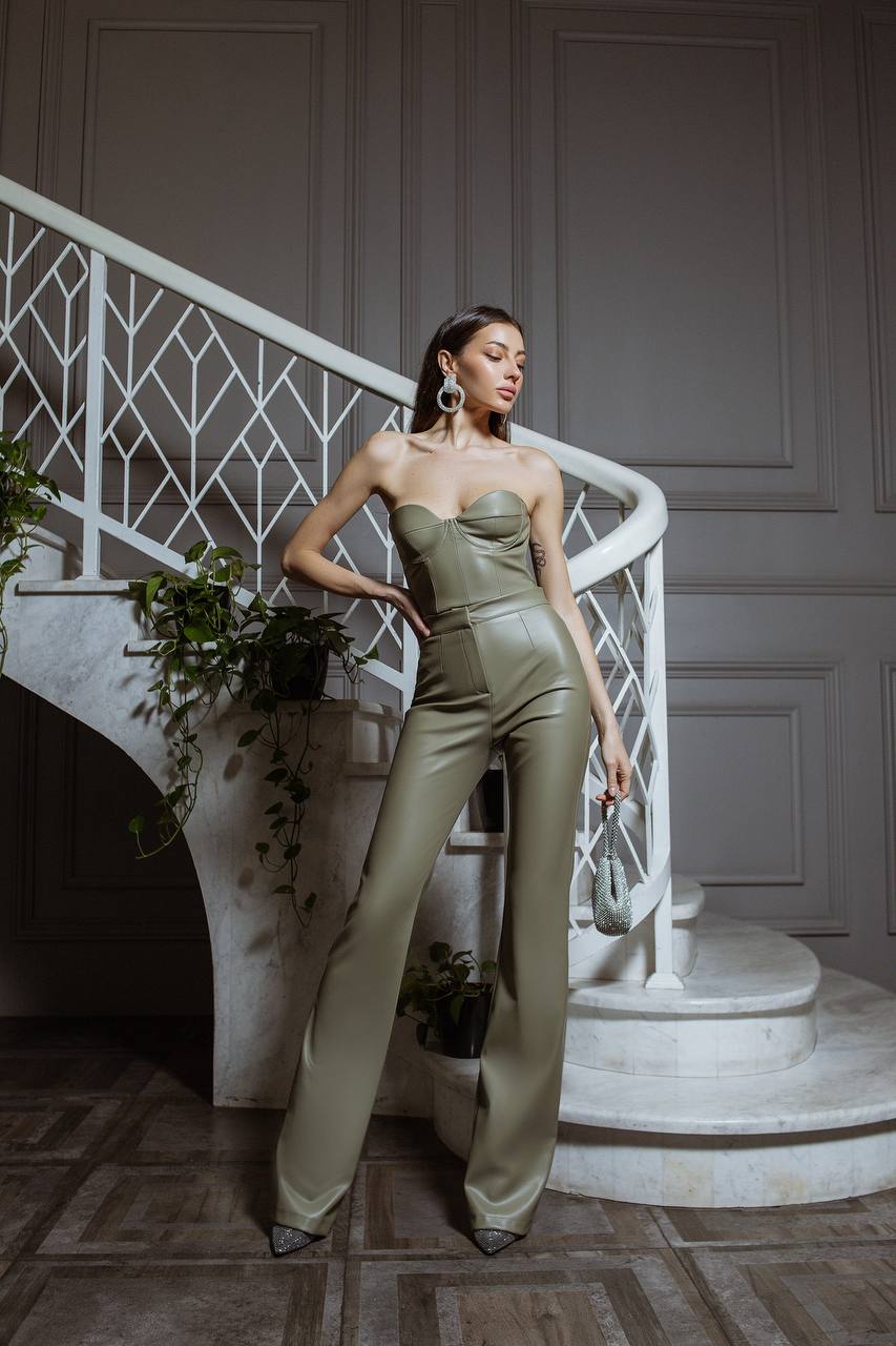 Eco Leather Suit Flared Trousers High Waist and Strapless Crop Top