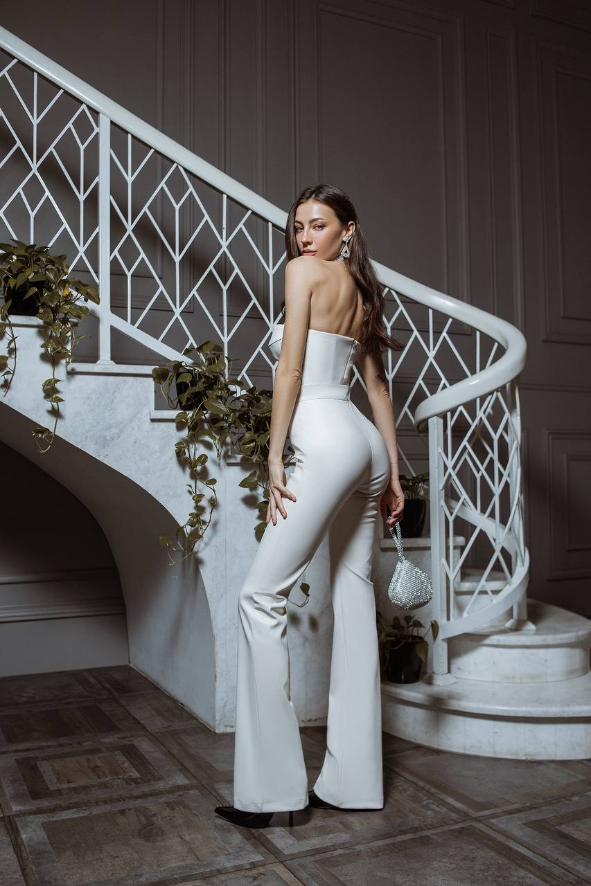 Eco Leather Suit Flared Trousers High Waist and Strapless Crop Top