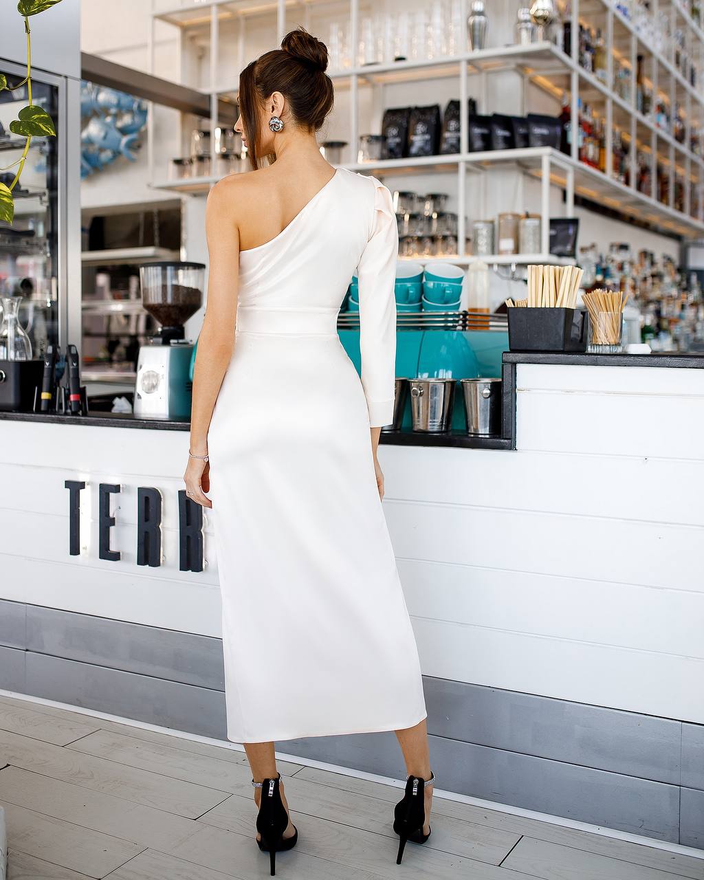 One-Shoulder Satin Midi Dress