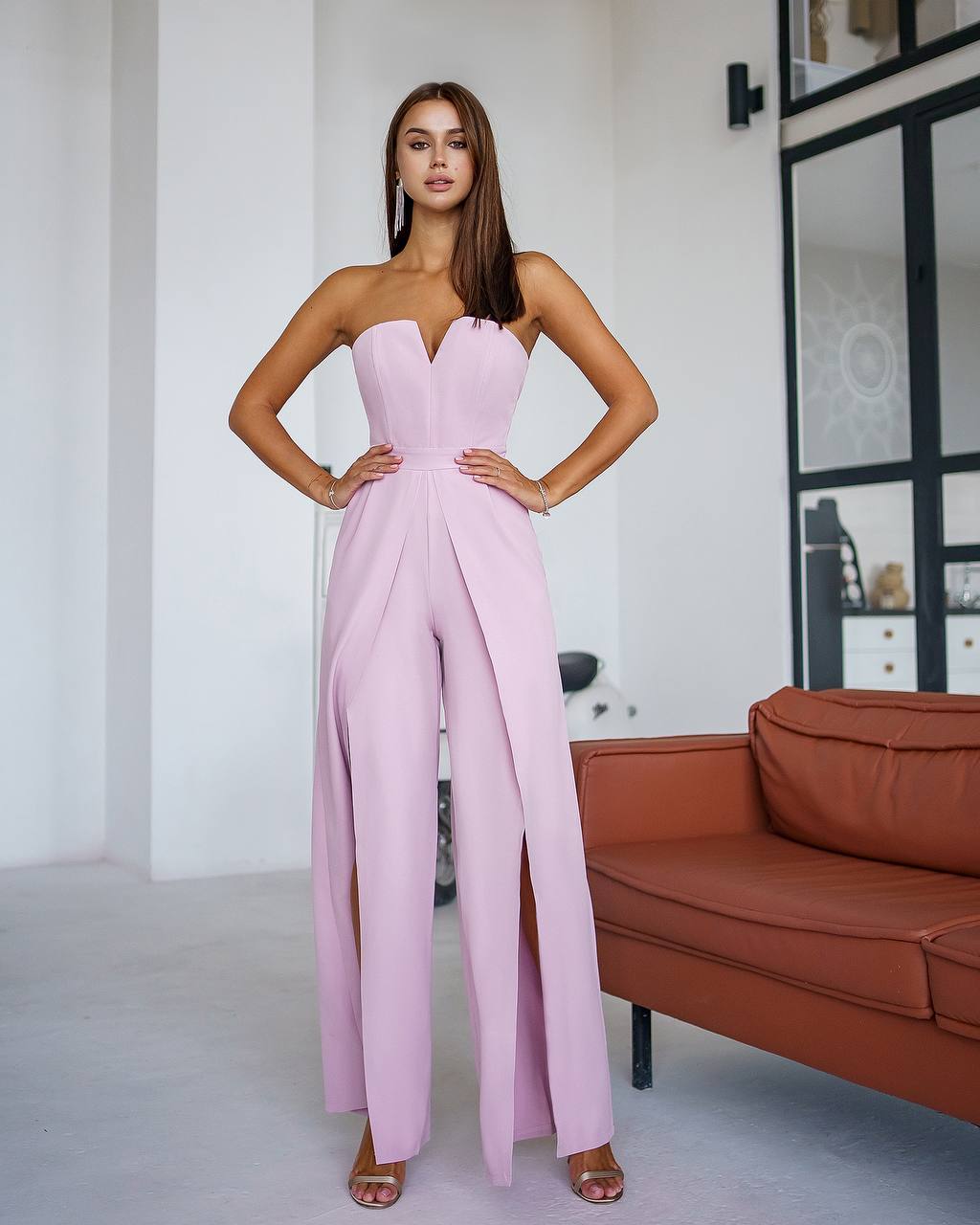 Strapless Corset V-Neck and Leg Slits Jumpsuit