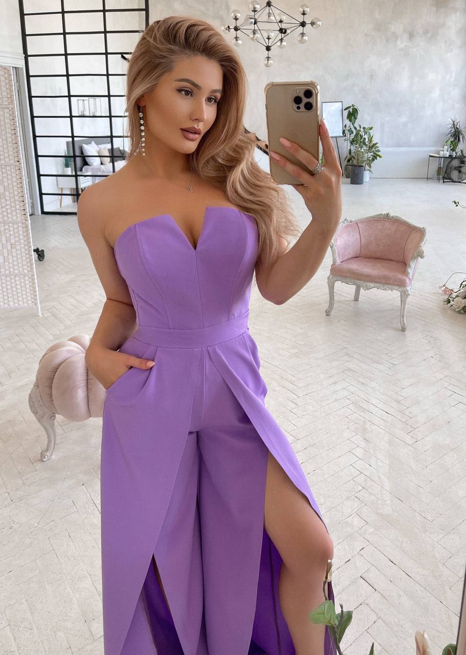 Strapless Corset V-Neck and Leg Slits Jumpsuit