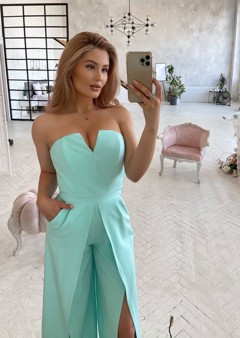 Strapless Corset V-Neck and Leg Slits Jumpsuit