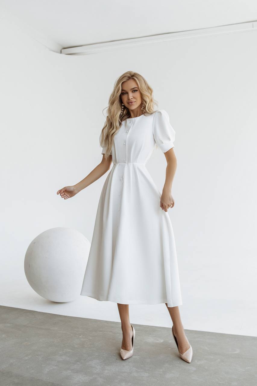 Buttoned Puff-Sleeve Midi Dress