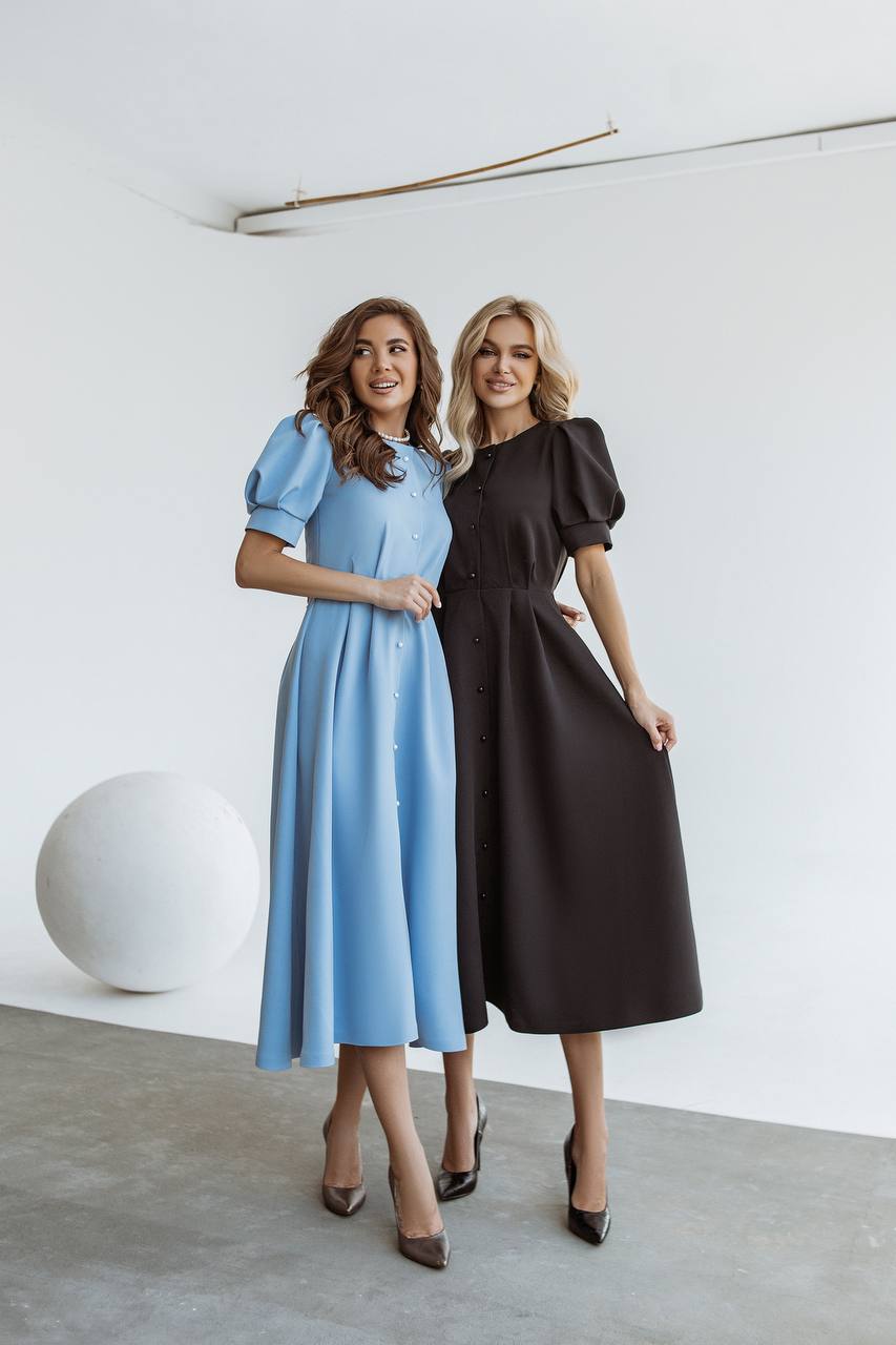 Buttoned Puff-Sleeve Midi Dress