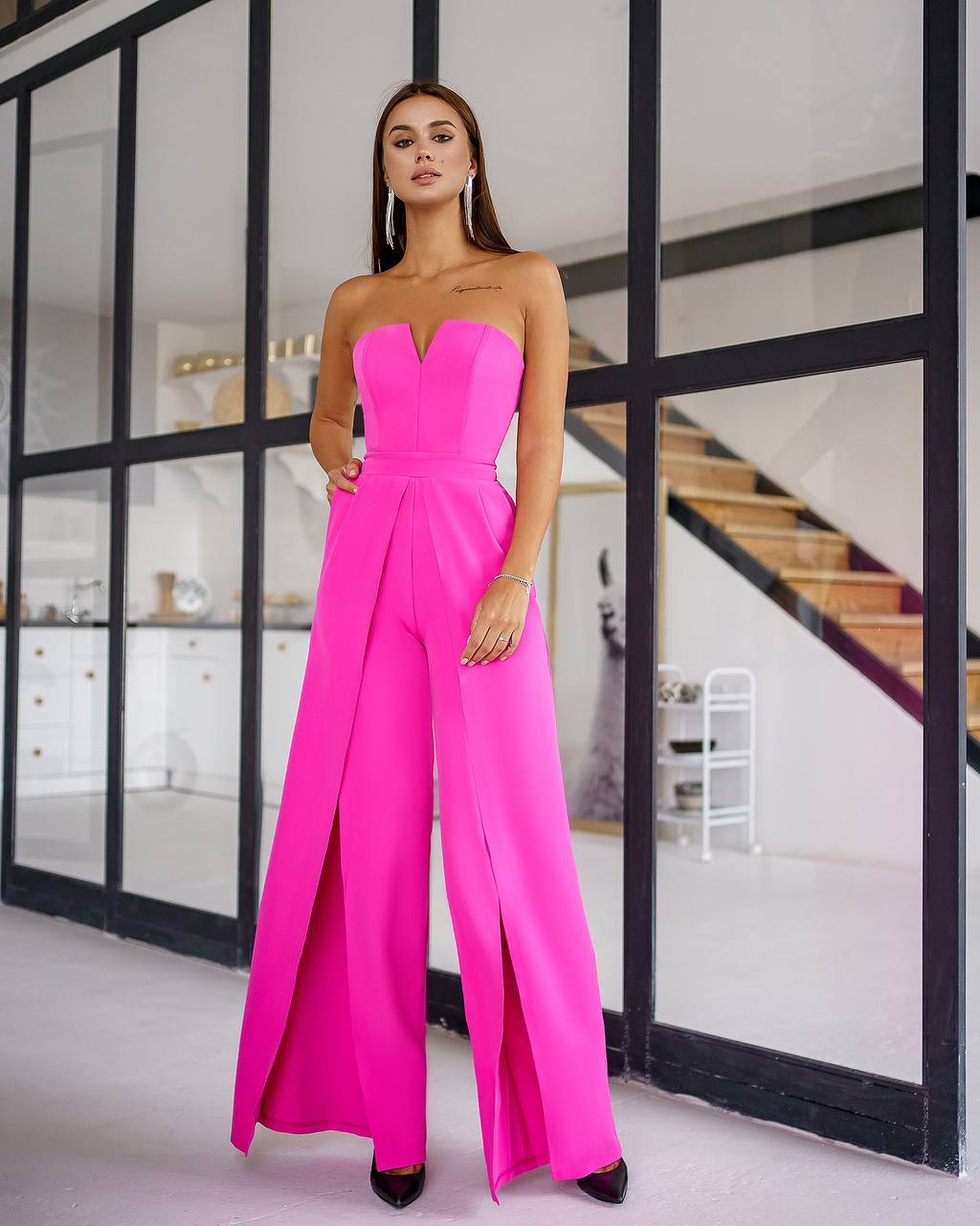 Strapless Corset V-Neck and Leg Slits Jumpsuit