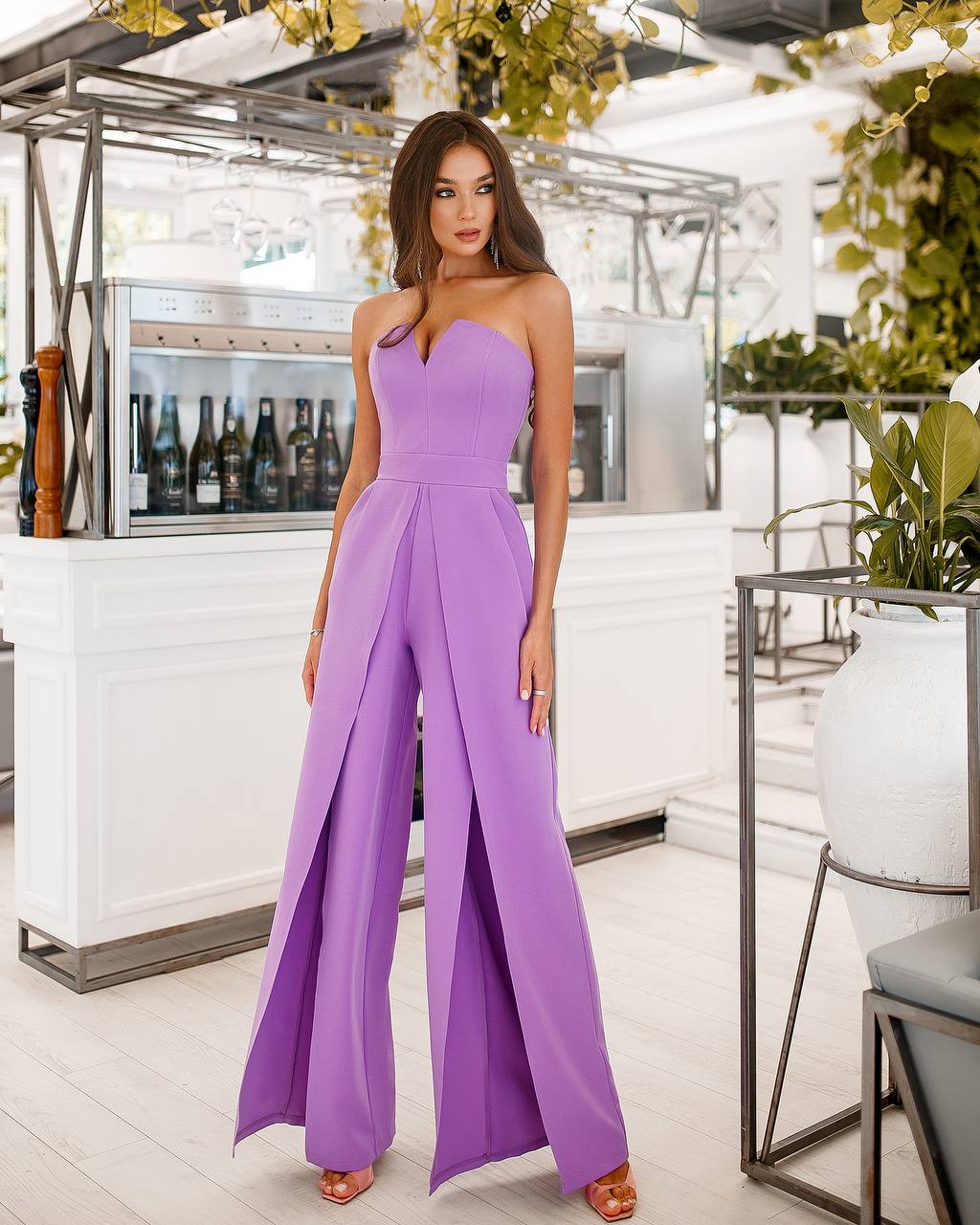 Strapless Corset V-Neck and Leg Slits Jumpsuit