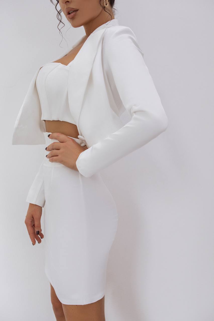 Crop Jacket Skirt Suit 3-Piece