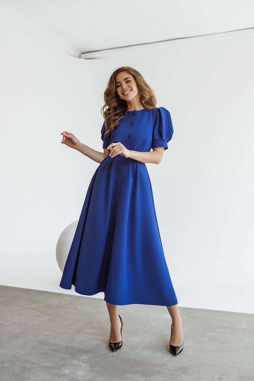 Buttoned Puff-Sleeve Midi Dress