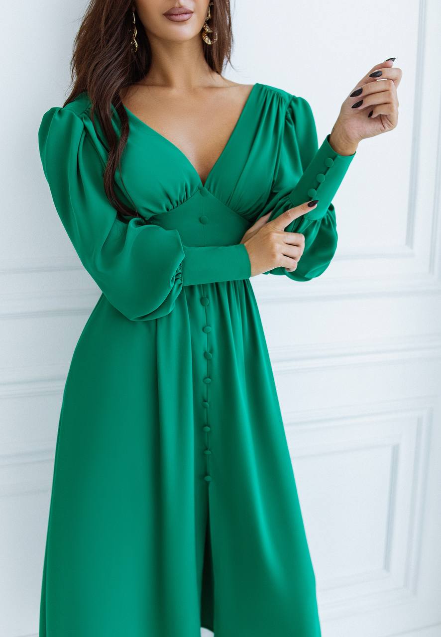 V-neck Buttoned Puff-Sleeve Midi Dress