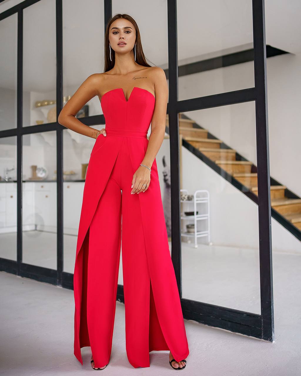 Strapless Corset V-Neck and Leg Slits Jumpsuit
