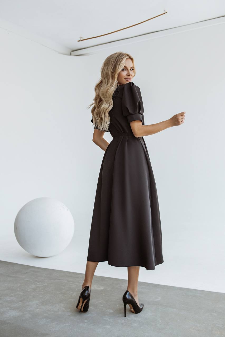 Buttoned Puff-Sleeve Midi Dress