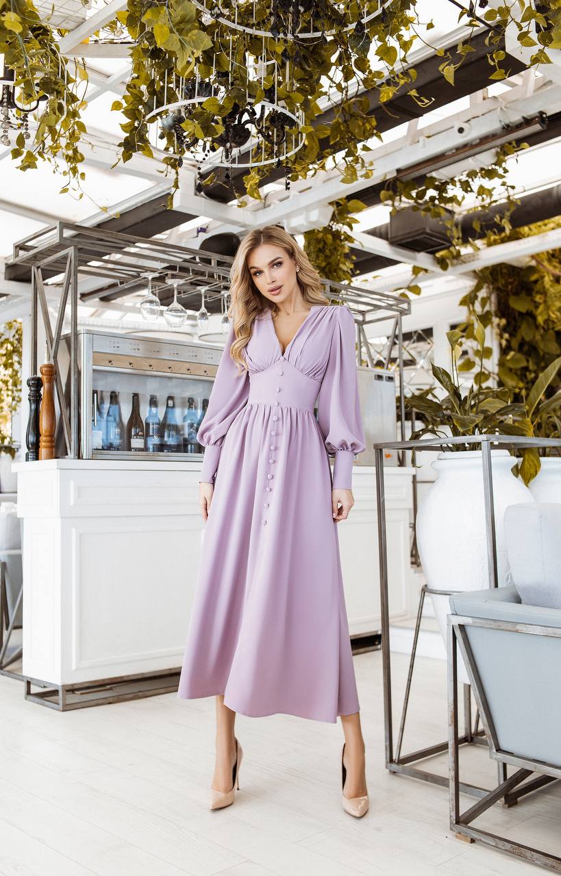 V-neck Buttoned Puff-Sleeve Midi Dress