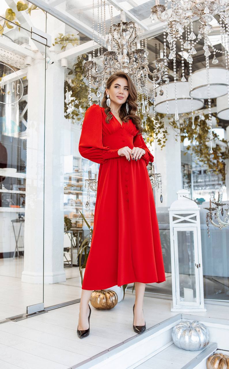 V-neck Buttoned Puff-Sleeve Midi Dress
