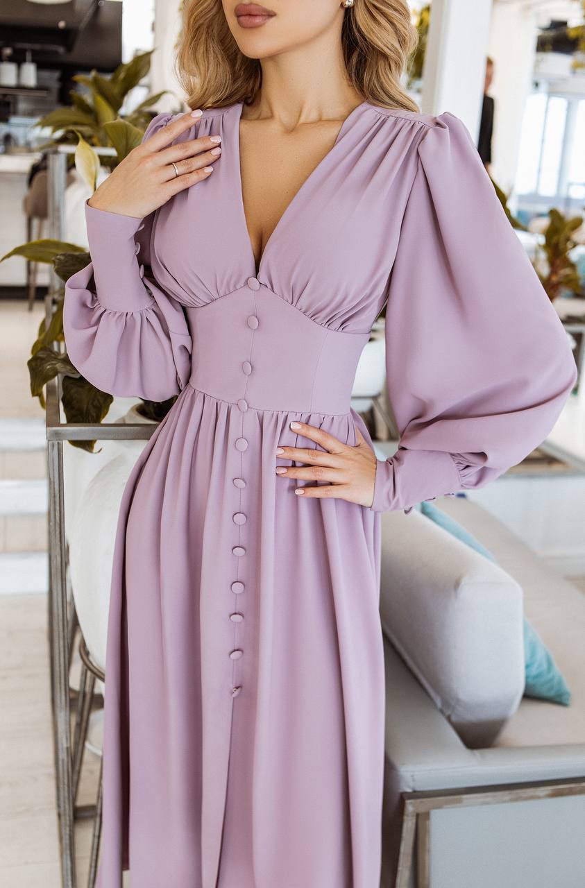 V-neck Buttoned Puff-Sleeve Midi Dress