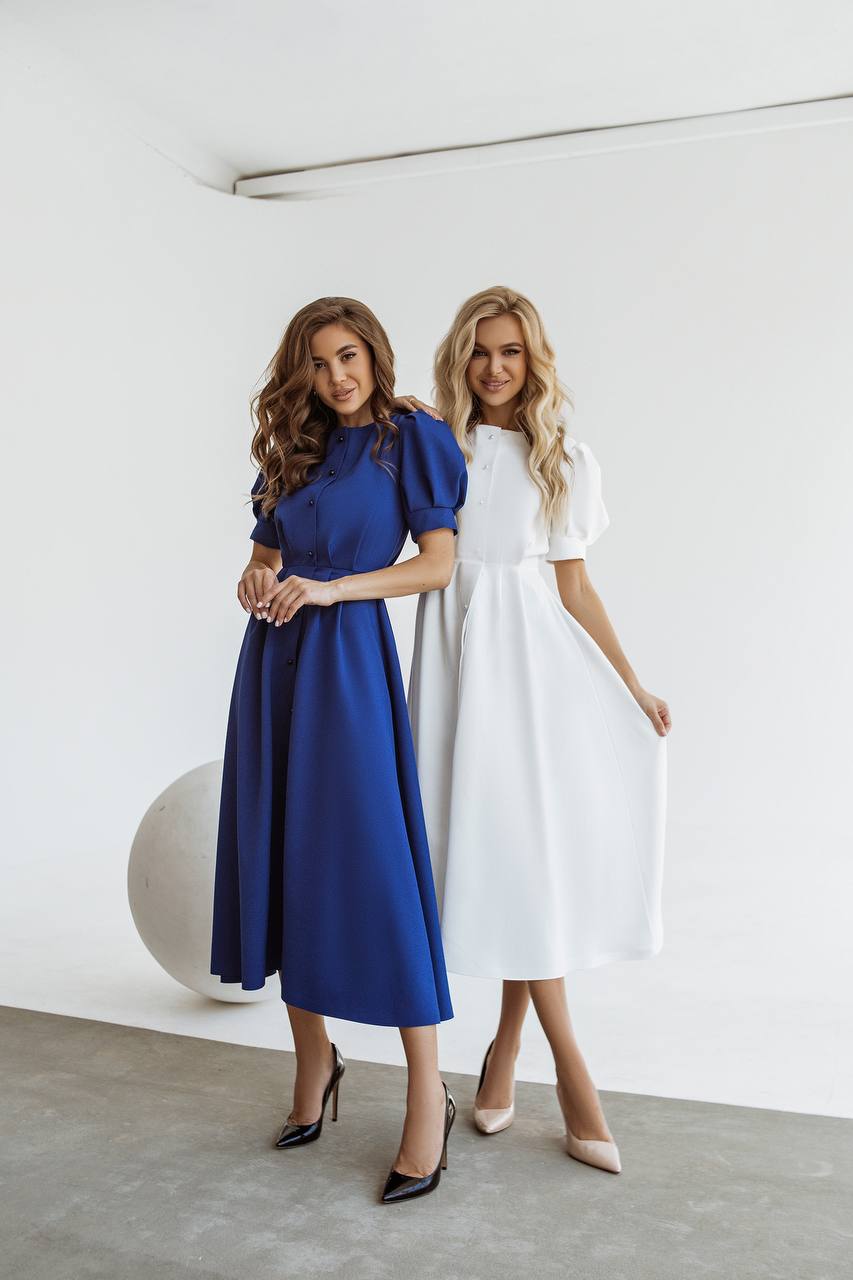 Buttoned Puff-Sleeve Midi Dress