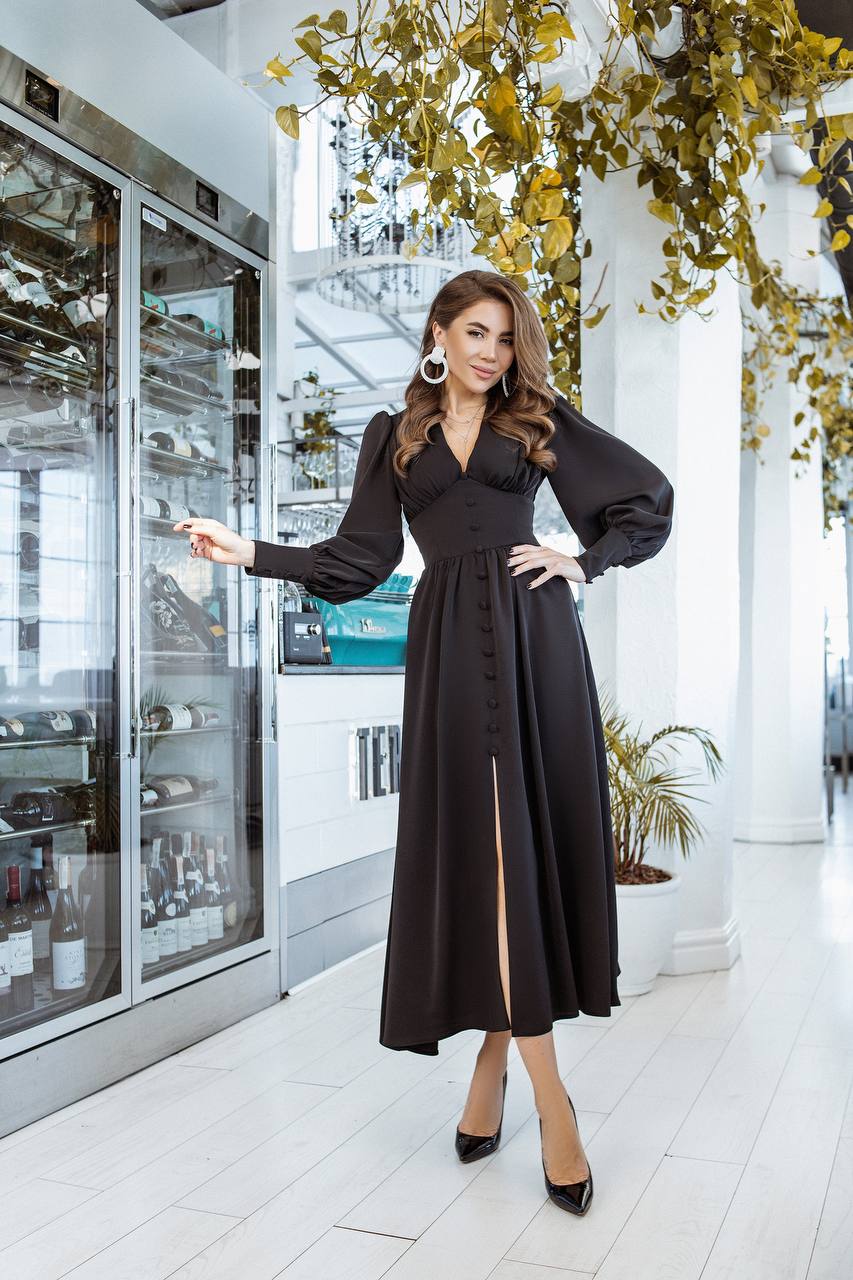 V-neck Buttoned Puff-Sleeve Midi Dress
