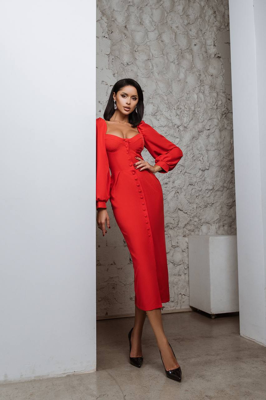 Sweetheart Puff-Sleeve Midi Dress