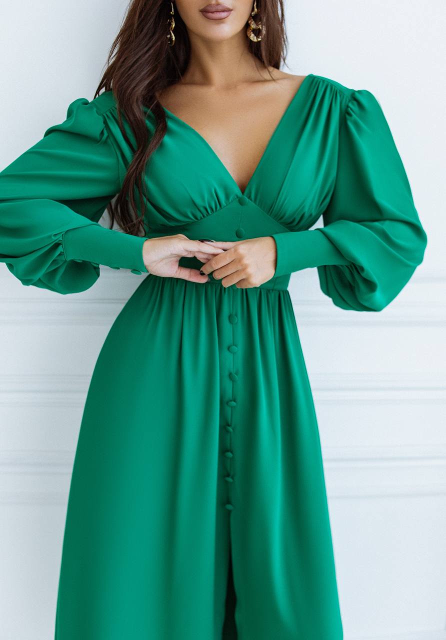 V-neck Buttoned Puff-Sleeve Midi Dress
