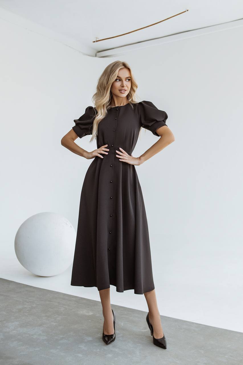Buttoned Puff-Sleeve Midi Dress
