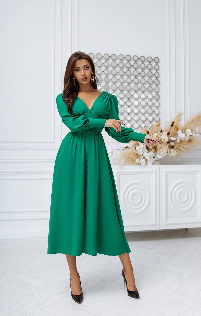 V-neck Buttoned Puff-Sleeve Midi Dress