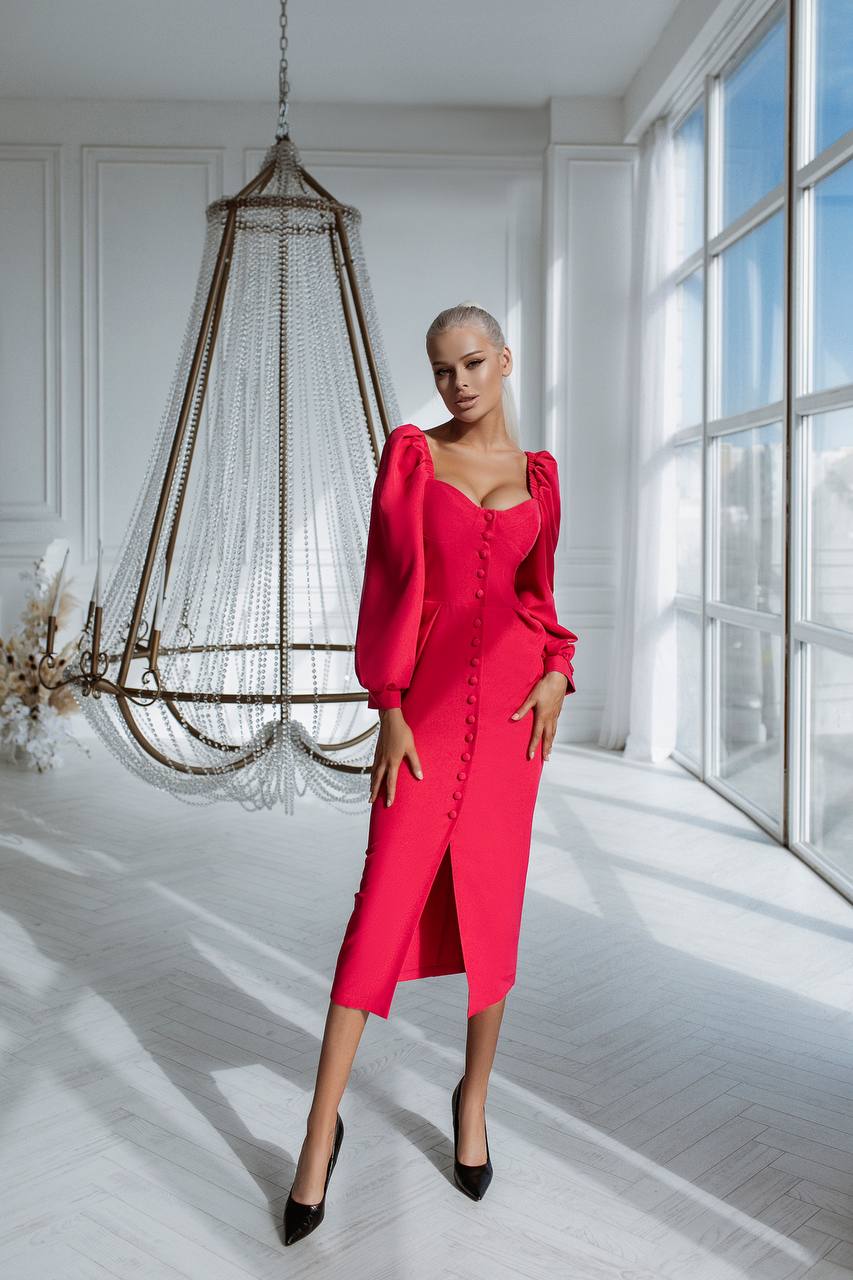 Sweetheart Puff-Sleeve Midi Dress
