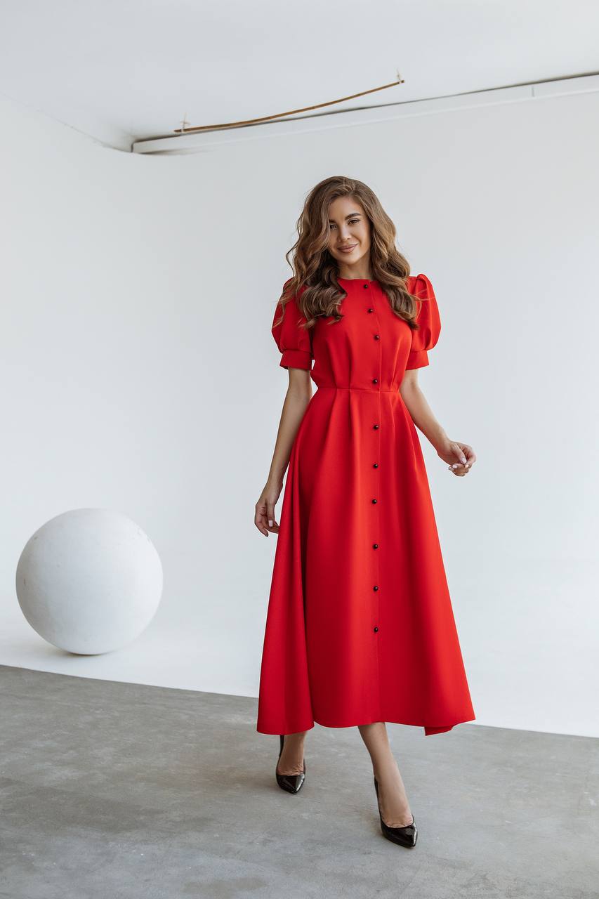 Buttoned Puff-Sleeve Midi Dress