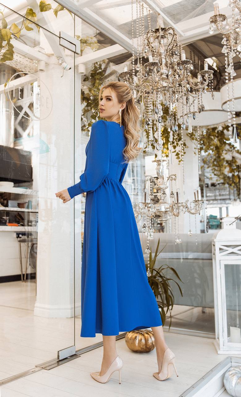 V-neck Buttoned Puff-Sleeve Midi Dress