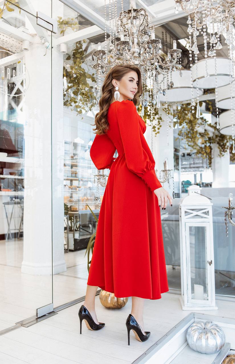V-neck Buttoned Puff-Sleeve Midi Dress
