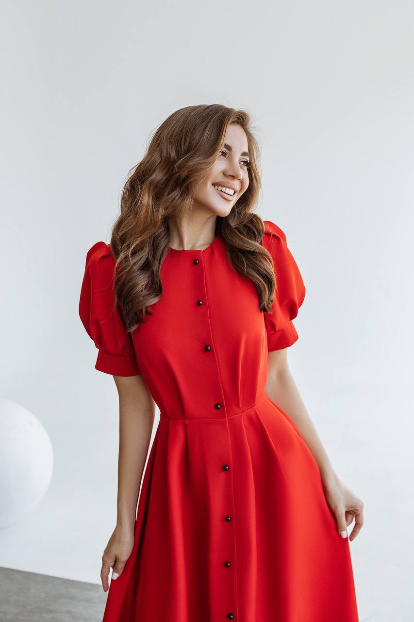 Buttoned Puff-Sleeve Midi Dress