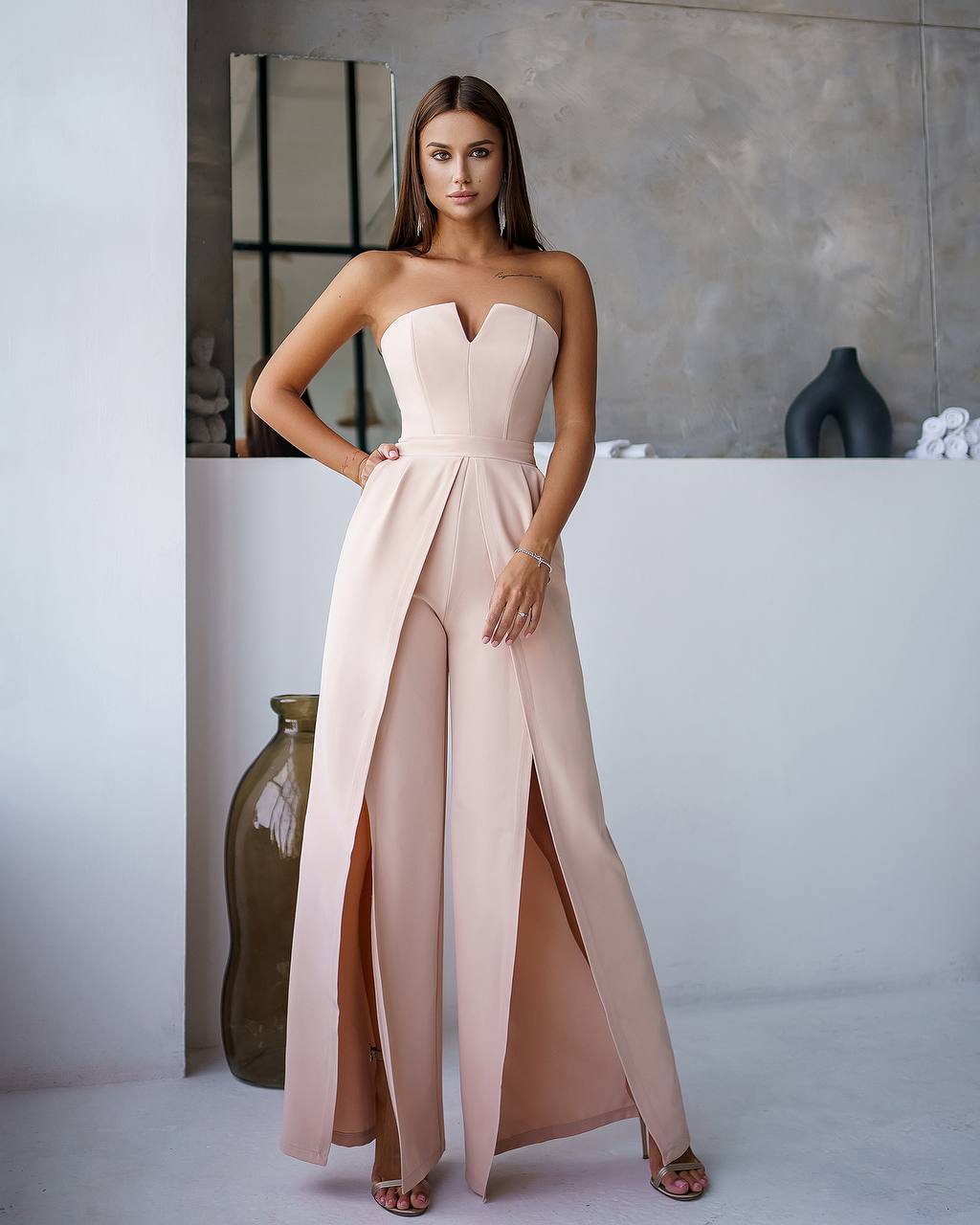 Strapless Corset V-Neck and Leg Slits Jumpsuit